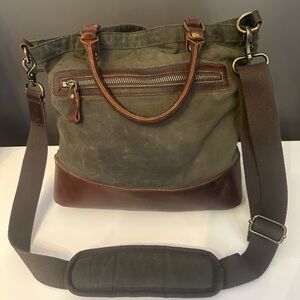 Vtg Della Q Maker's Canvas Tote Olive Green Brown Leather Yarn Feed Cut Sew Knit